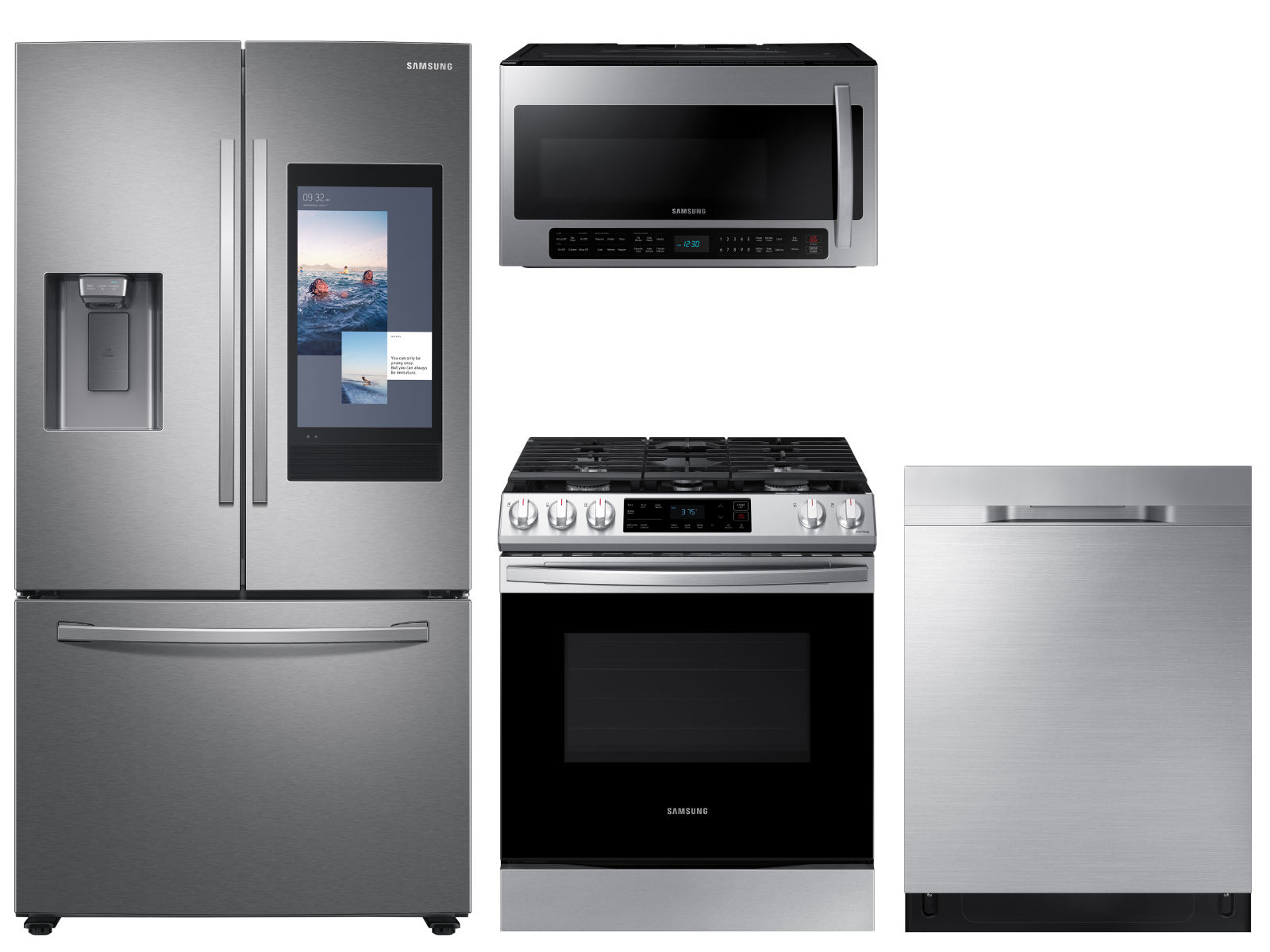 Samsung 3-door Family Hub™ Refrigerator + Slide-in Gas Range with Wi-Fi + StormWash™ Dishwasher + Microwave in Stainless Steel photo