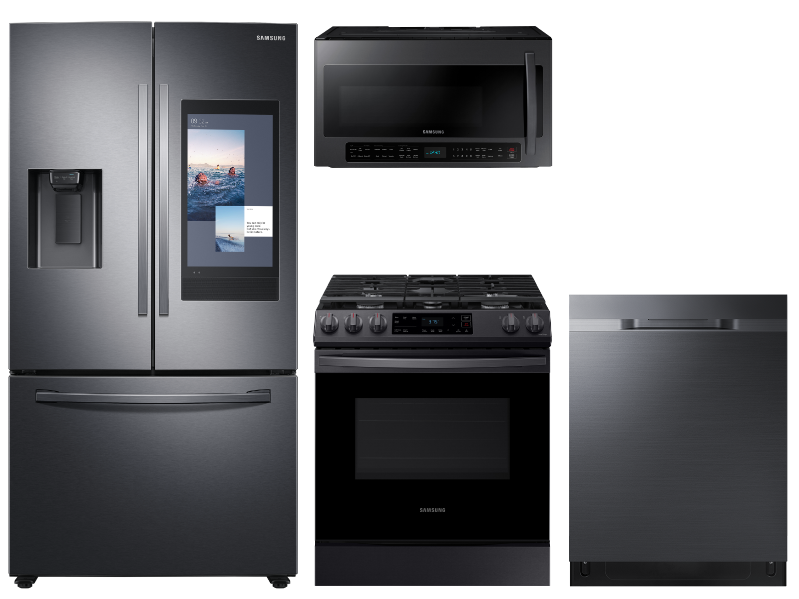 Samsung 3-door Family Hub™ Refrigerator + Slide-in Gas Range with Wi-Fi + StormWash™ Dishwasher + Microwave in Black Stainless