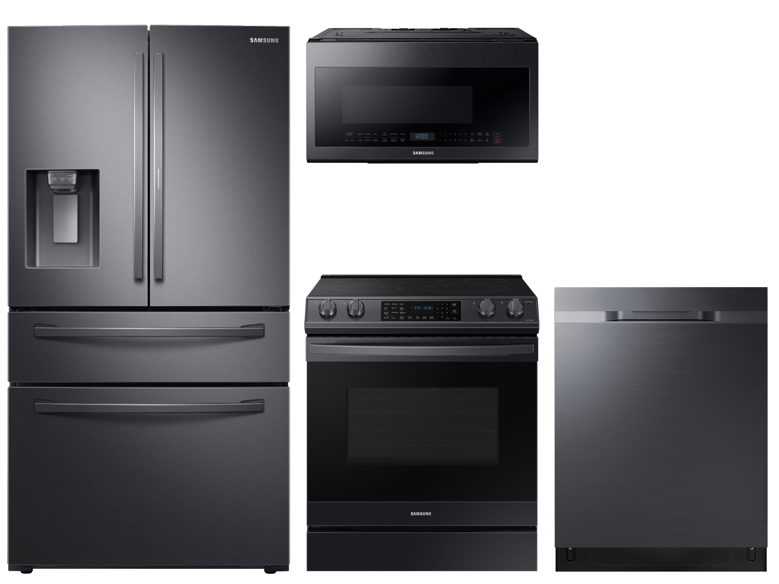 Samsung Food Showcase 4-Door Refrigerator + Slide-in Electric Range with Air Fry + StormWash™ Dishwasher + Microwave in Black Stainless