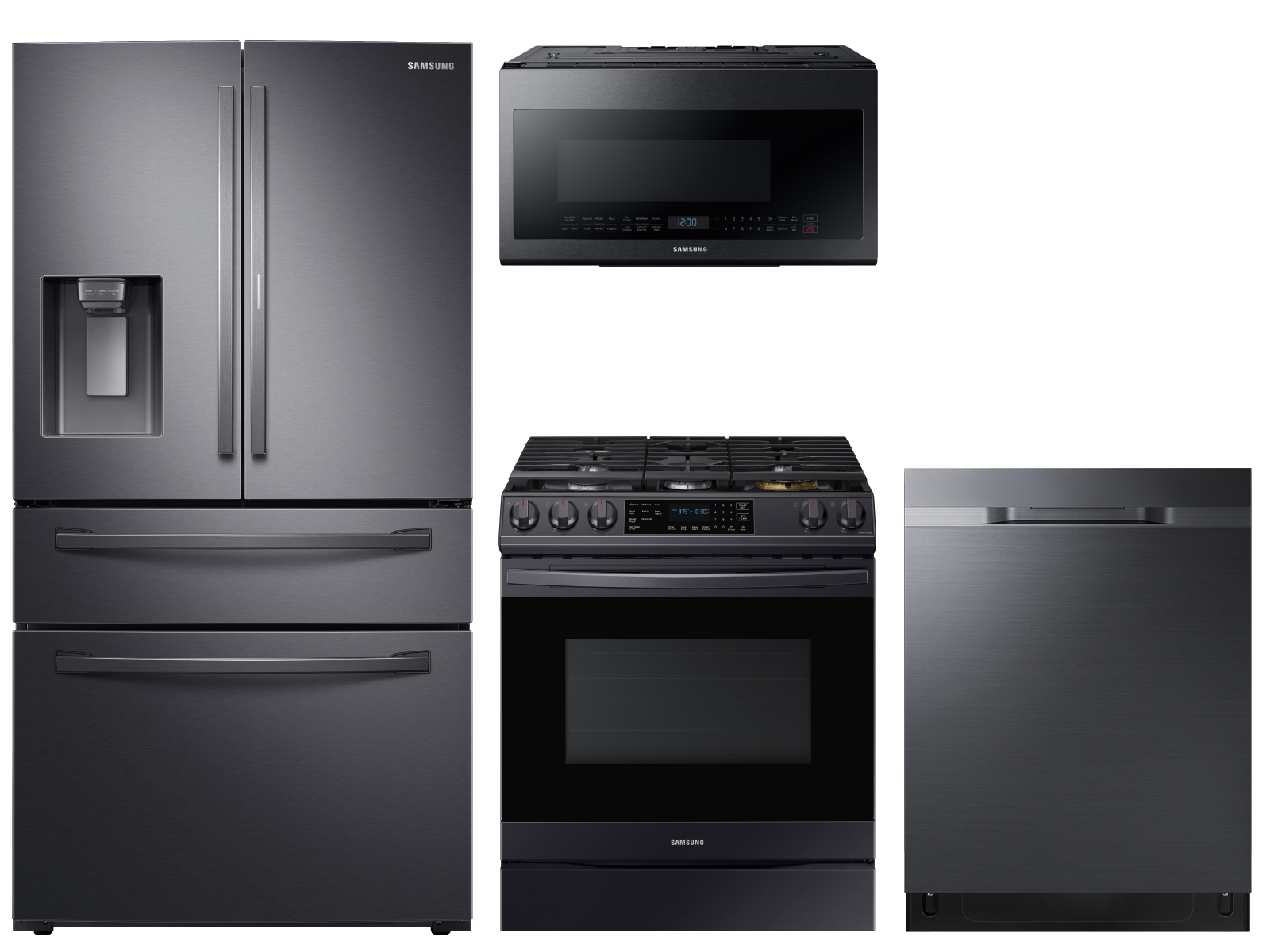 Samsung Food Showcase 4-Door Refrigerator + Slide-in Gas Range with Air Fry + StormWash™ Dishwasher + Microwave in Black Stainless