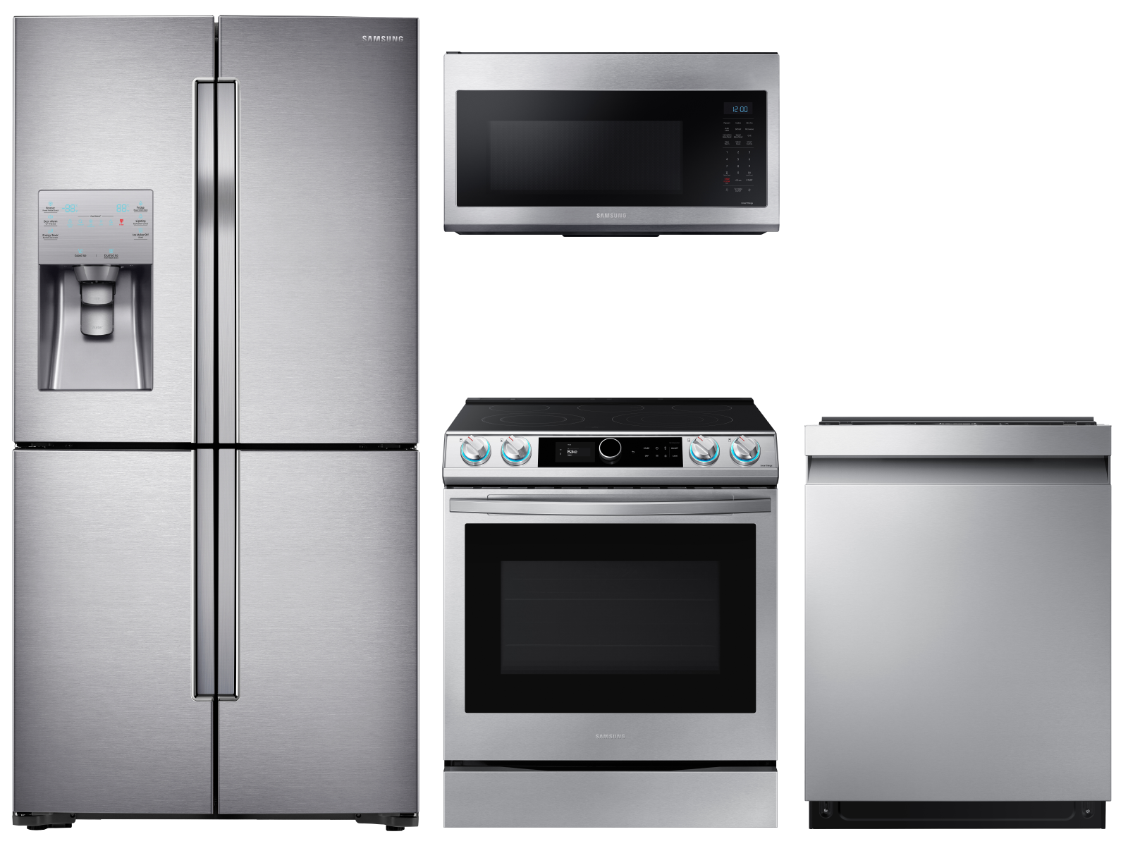 4-Door Flex™ Refrigerator + Slide-in Electric Range with Smart Dial & Air Fry + Dishwasher + Microwave in Stainless Steel