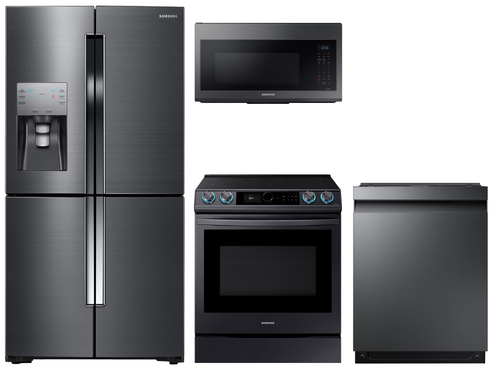 Samsung 4-Door Flex™ Refrigerator + Slide-in Electric Range with Smart Dial & Air Fry + Dishwasher + Microwave in Black Stainless