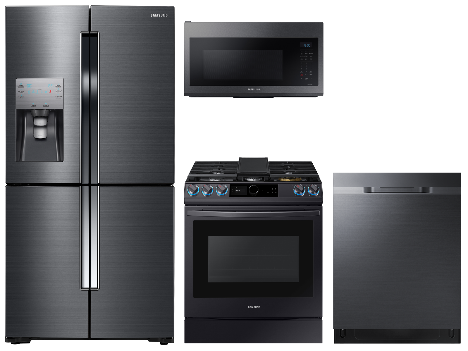 Samsung 4-Door Flex™ Refrigerator + Slide-in Gas Range + Dishwasher + Microwave in Black Stainless(BNDL-1604355668447)