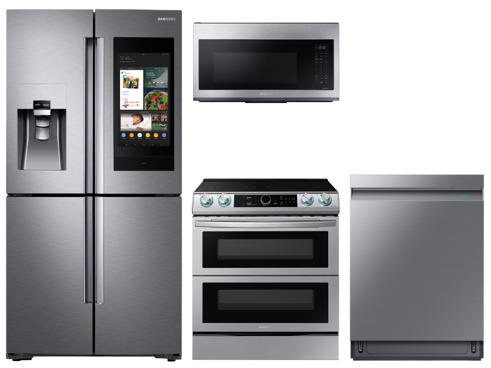 Samsung Family Hub™ 4-Door Flex™ Refrigerator + Flex Duo™ Slide-in Electric Range + Linear Wash Dishwasher + Microwave in Stainless Steel