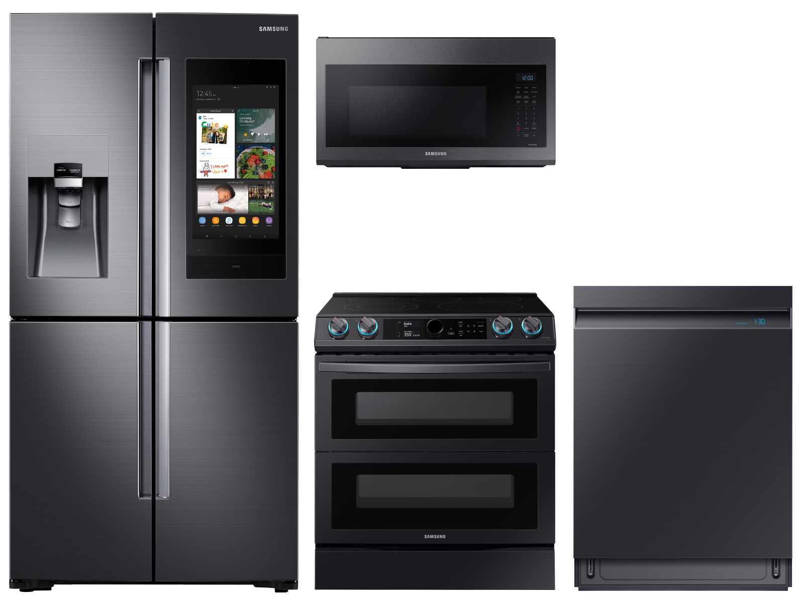 Family Hub™ 4-Door Flex™ Refrigerator + Flex Duo™ Slide-in Electric Range with Smart Dial & Air Fry + Linear Wash Dishwasher + Microwave in Black Stainless