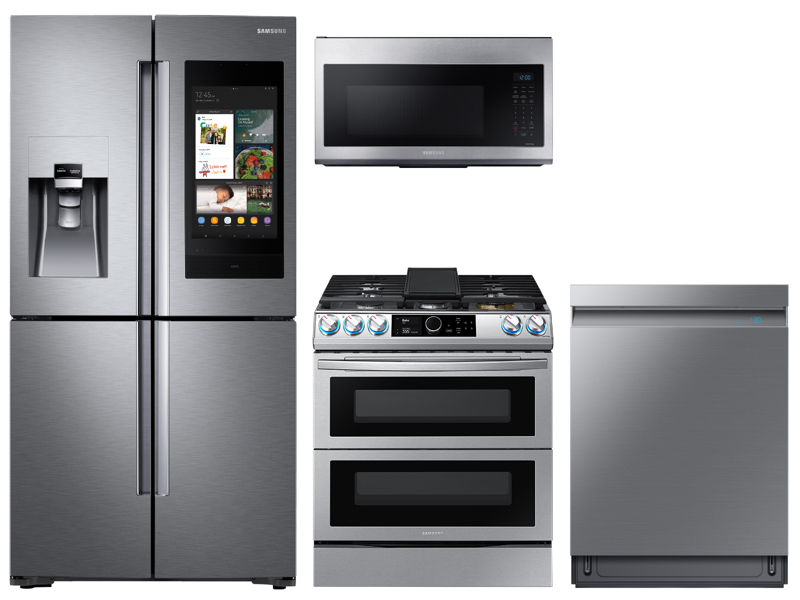 Samsung Family Hub™ 4-Door Flex™ Refrigerator + Flex Duo™ Slide-in Gas Range + Linear Wash Dishwasher + Microwave in Stainless Steel