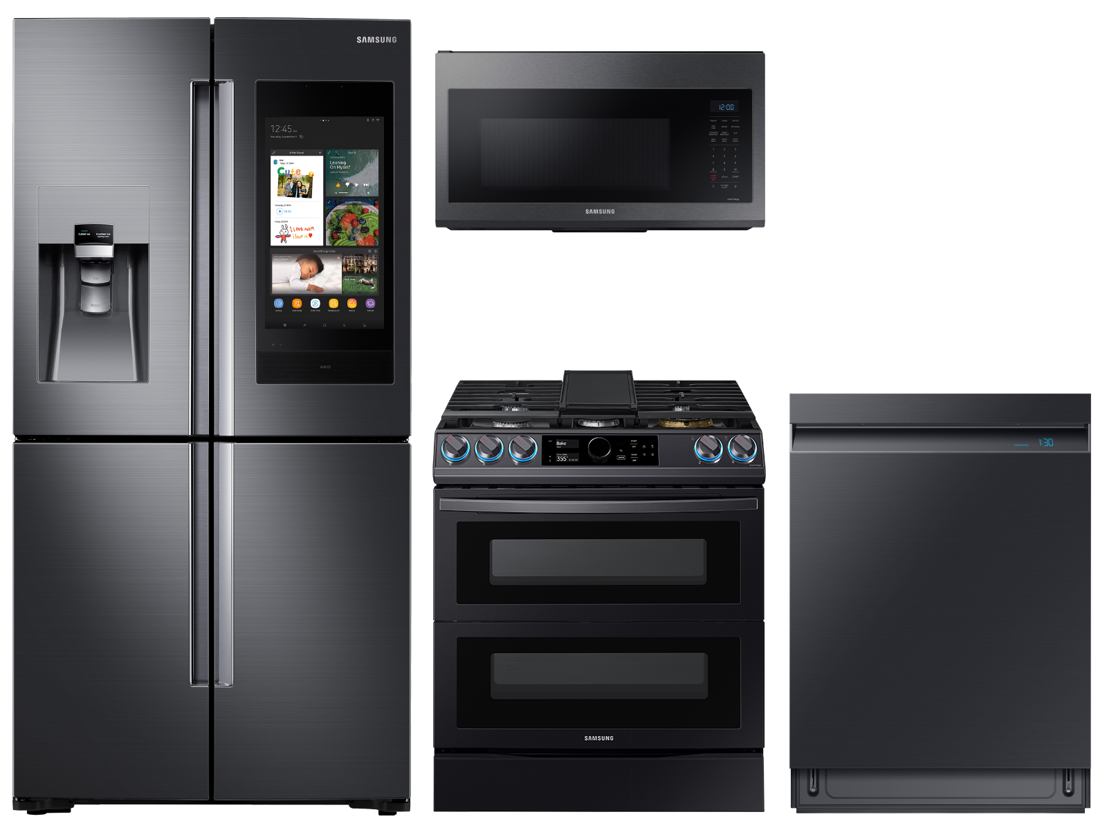 Samsung Family Hub™ 4-Door Flex™ Refrigerator + Flex Duo™ Slide-in Gas Range + Linear Wash Dishwasher + Microwave in Black Stainless
