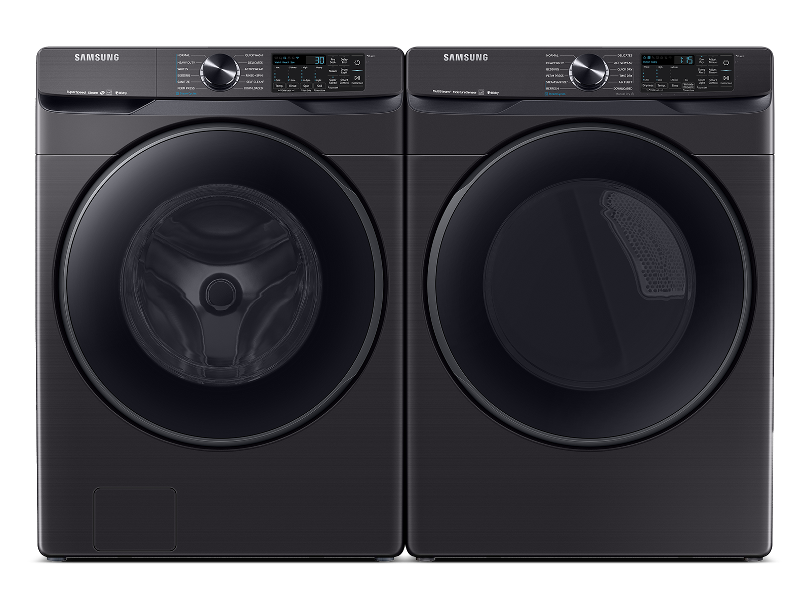 Samsung Smart Front Load Washer & Dryer Set with Super Speed and Steam Sanitize+ in Black Stainless Steel(BNDL-1646290212623)