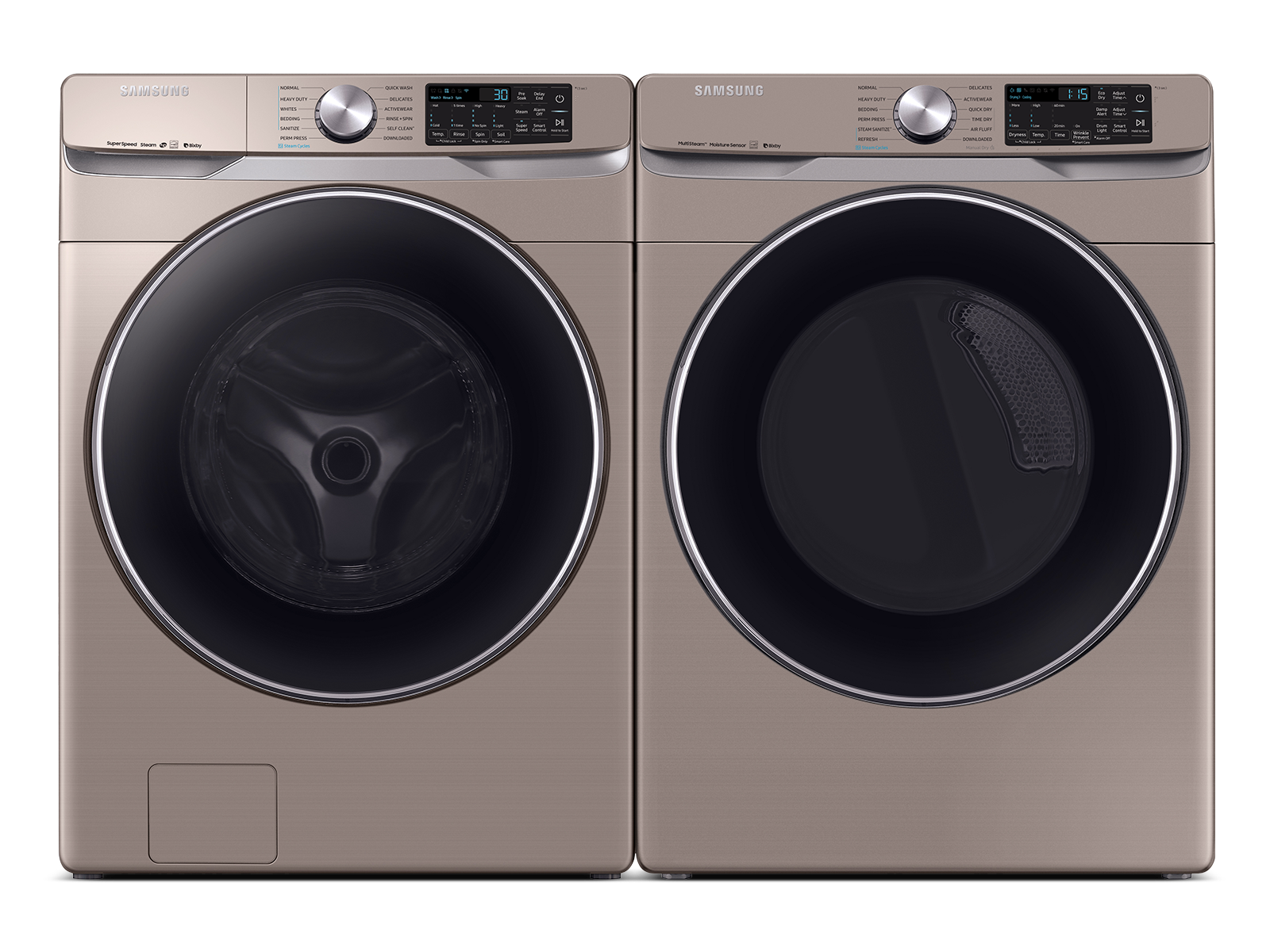 Smart front load washer & dryer set store with super speed and steam sanitize+ in champagne