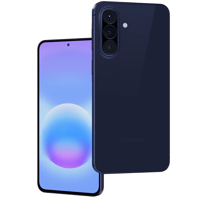 Galaxy A57 5G in Awesome Navy is shown from the side view to highlight the slim profile. The device turns around to show a close-up of the back side with the camera bump with Triple Camera, then the front side to show the slim bezels around the display and the Front Camera. The device turns around again to show a full view of Galaxy A57 from the front and back, showcasing the overall sleek design.