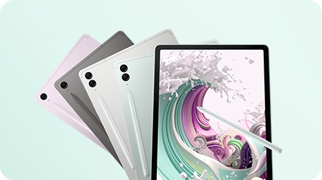 Four Galaxy Tab S9 FE series devices in Lavender, Gray, Silver and Mint are fanned out in Portrait mode seen from the rear with an S Pen attached on each side. A Galaxy Tab S9 FE device stands before them showing its screen touched by an S Pen.