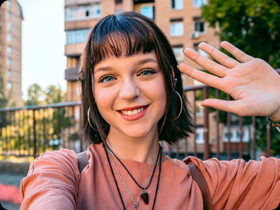 A person takes a selfie outdoors, wearing a peach shirt and multiple necklaces. Highlights the front camera's capacity to capture stunning selfies.