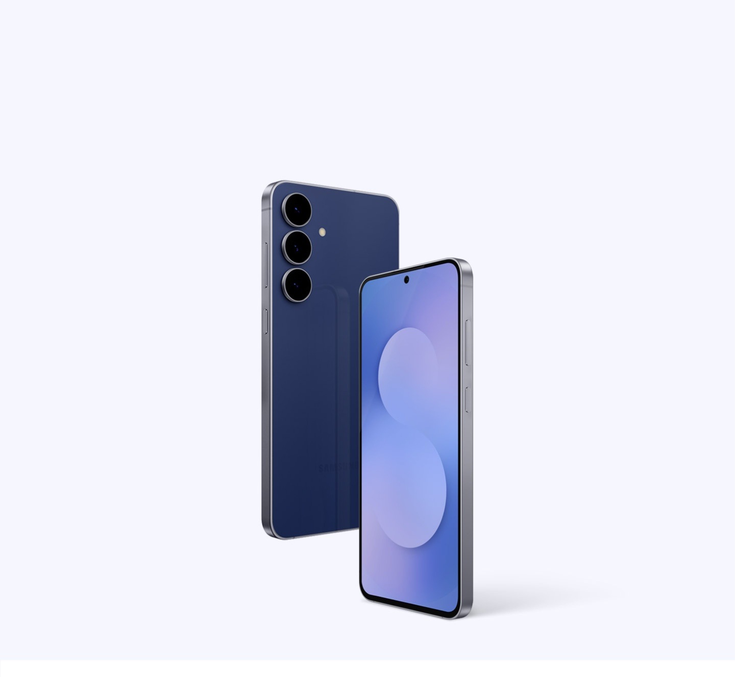 Samsung Galaxy S25 FE in Navy, shown from front and back with sleek design and triple rear cameras.