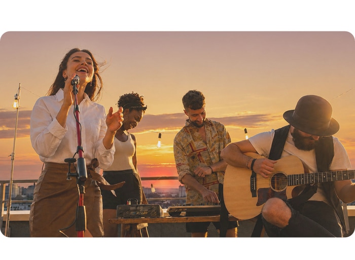 A low-light outdoor photo of several musicians performing at sunset, showing clear, vivid details with Nightography.