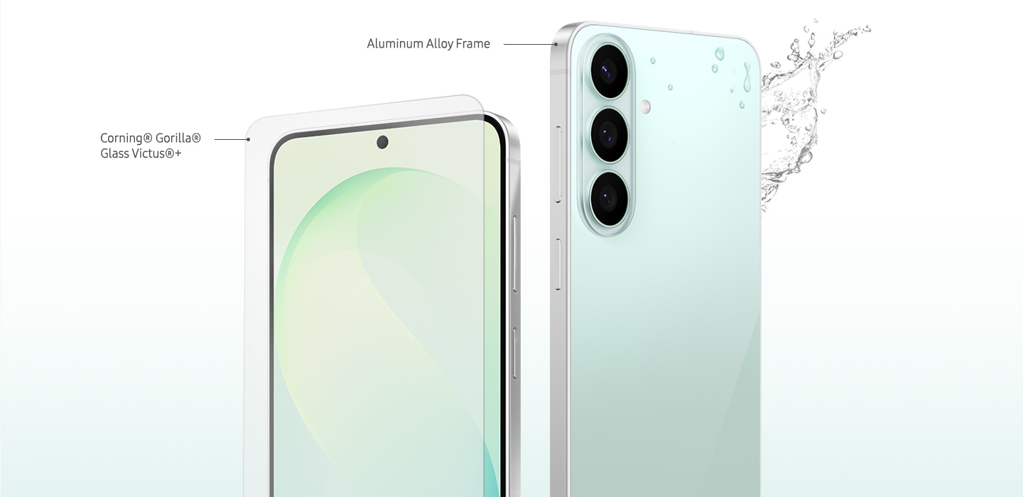 Two Galaxy S26 FE devices are shown from the front and rear, highlighting the Corning Gorilla Glass Victus+ display protection, aluminum alloy frame and durable design with water splash graphics. Galaxy S26 FE. 6.7 inch display. 193 g weight, 161.6 x 76.9 x 7.4 size. Galaxy S21 FE. 6.4 inch display. 177 g weight, 155.7 x 74.5 x 7.9 size. Galaxy A53. 6.5 inch display. 189 g weight, 159.6 x 74.8 x8.1 size.