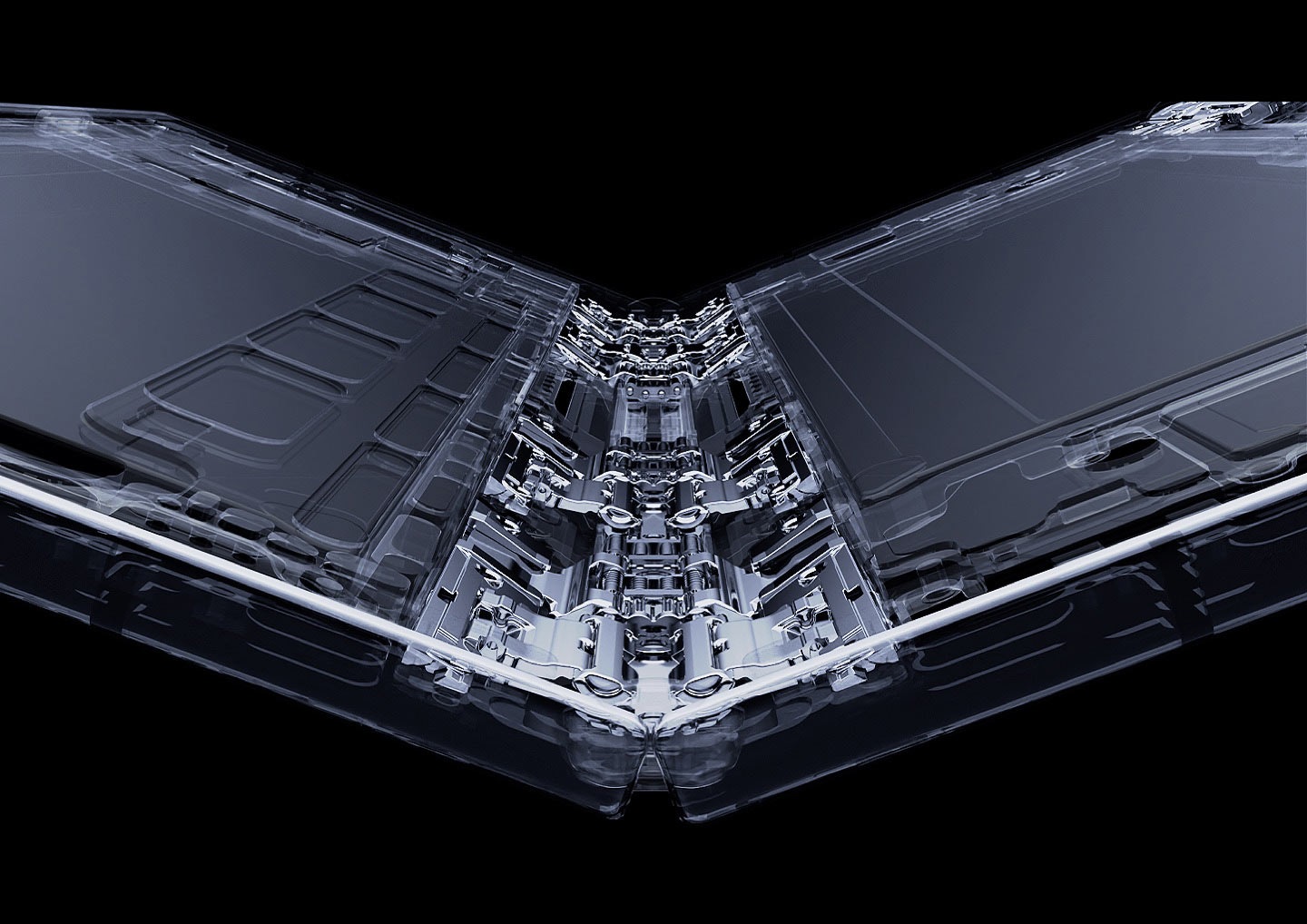 An X-ray of Galaxy Z TriFold, slightly unfolded to show the hardware inside a hinge.