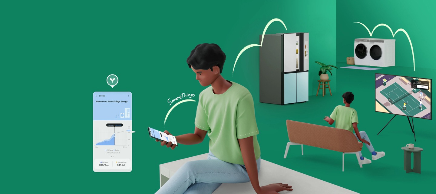 Man using SmartThings Energy to check the energy usage of his home appliances like refrigerator, air conditioner, washer, dryer and TV.
