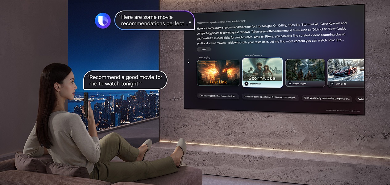 A TV displays a scene of riders on horses, along with show info and recommended content. A remote with the AI button circled.