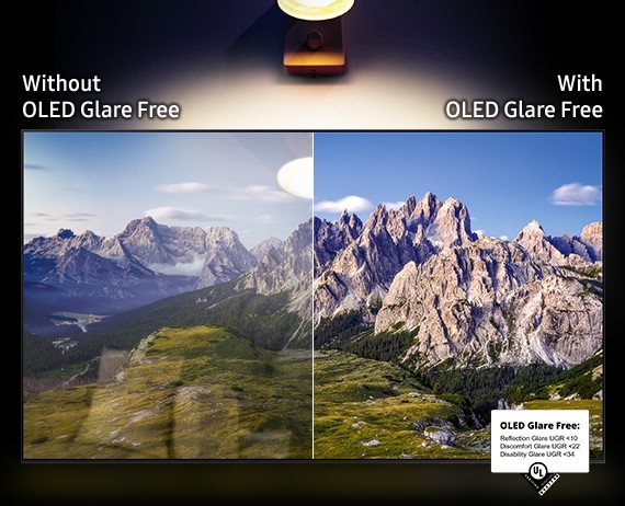 A mountainous scene is blurred by reflective lighting on the side of the screen labeled "Without OLED Glare Free," while the side labeled "With OLED Glare Free" remains clearly visible. OLED Glare Free: Reflection Glare UGR <10. Discomfort Glare UGR <22. Disability Glare UGR <34. UL.