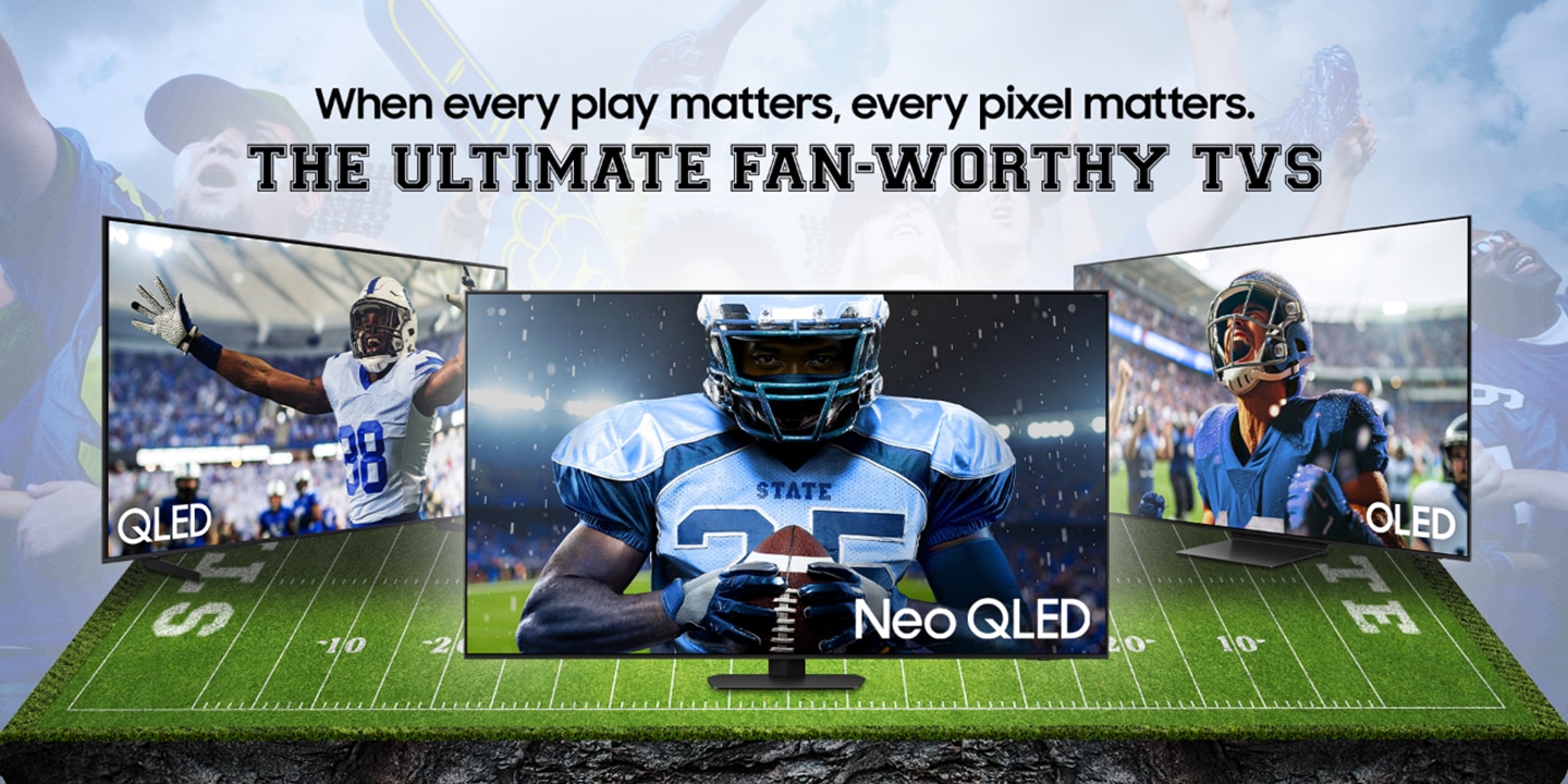 A man is watching a sports game on Samsung's Supersize TV, cheering as if he's part of the stadium crowd.