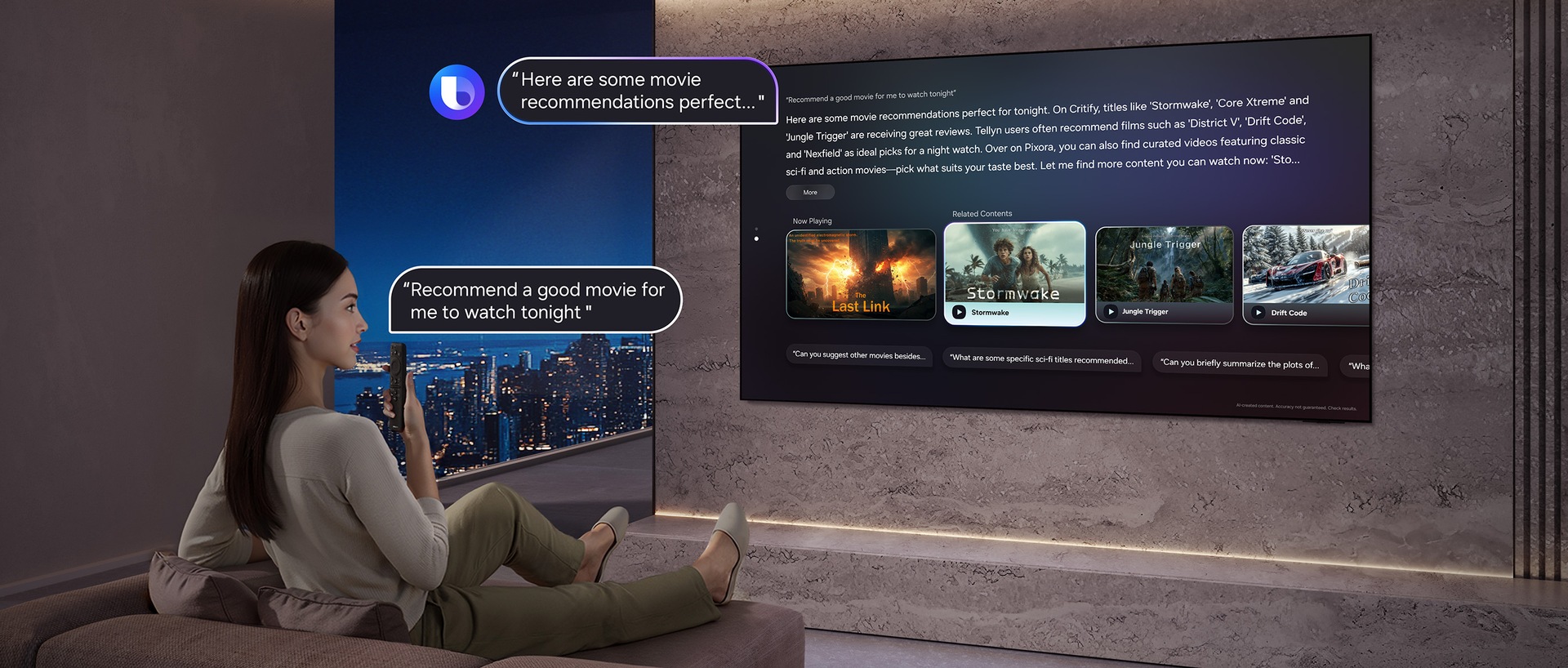 In a living room, a woman smiles at a TV on the wall. The TV screen displays an outdoor scene of cliffs and water with the prompt What's the weather in Paris today?