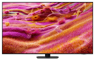 A Samsung Neo QLED TV displays a field of pink and orange grass on screen.