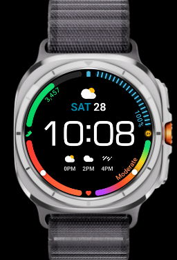 A lineup of three Galaxy Watch Ultras with different Trail Bands and One UI watch faces.