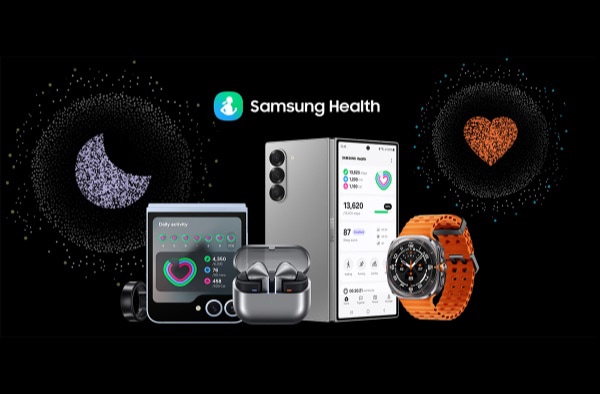 Galaxy Ring, Galaxy Z Flip6, Galaxy Buds3 Pro, Galaxy Z Fold6 and Galaxy Watch Ultra are grouped together with the text 'Samsung Health' above them. Large app icons for sleep tracking and heart rate tracking are hovering over the devices.