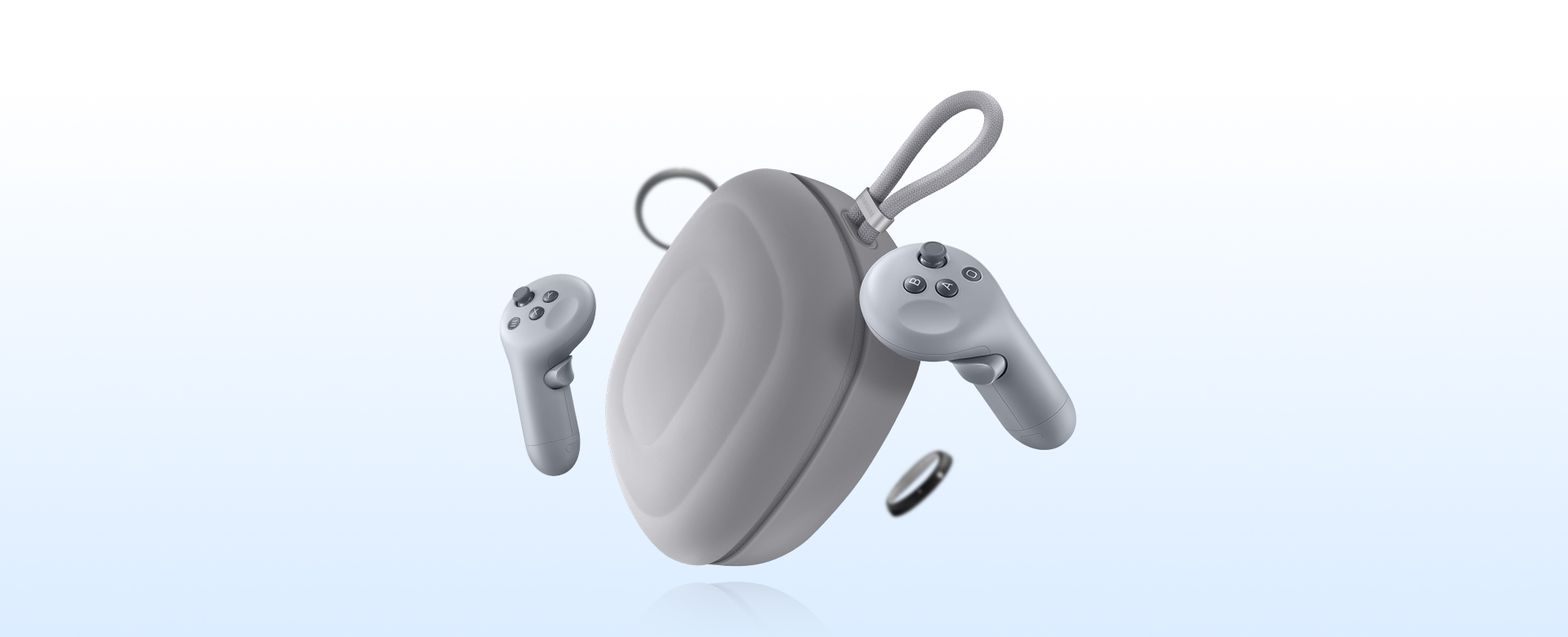 Galaxy XR accessories floating in mid-air with Galaxy XR Travel Case in the middle, two Galaxy XR Controllers and two KODAK Prescription Lenses around the case.