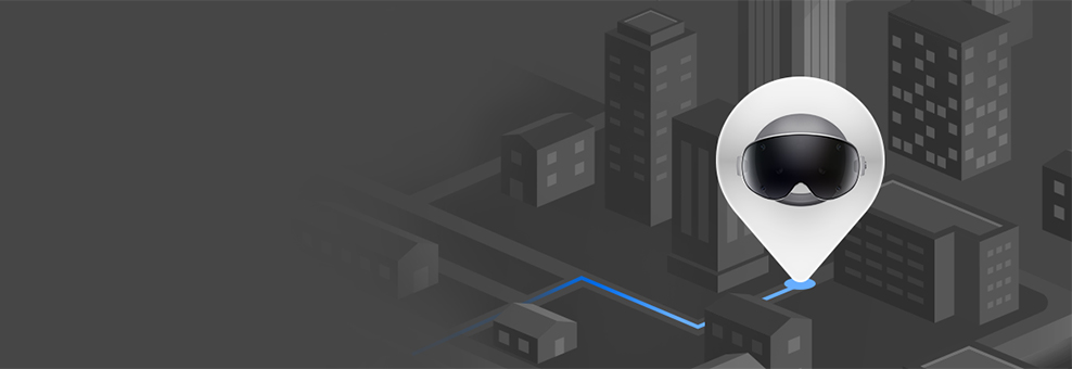 Location tag icon with lines tracing the direction of a spot in the city. Inside the tag is a visual of Galaxy XR.
