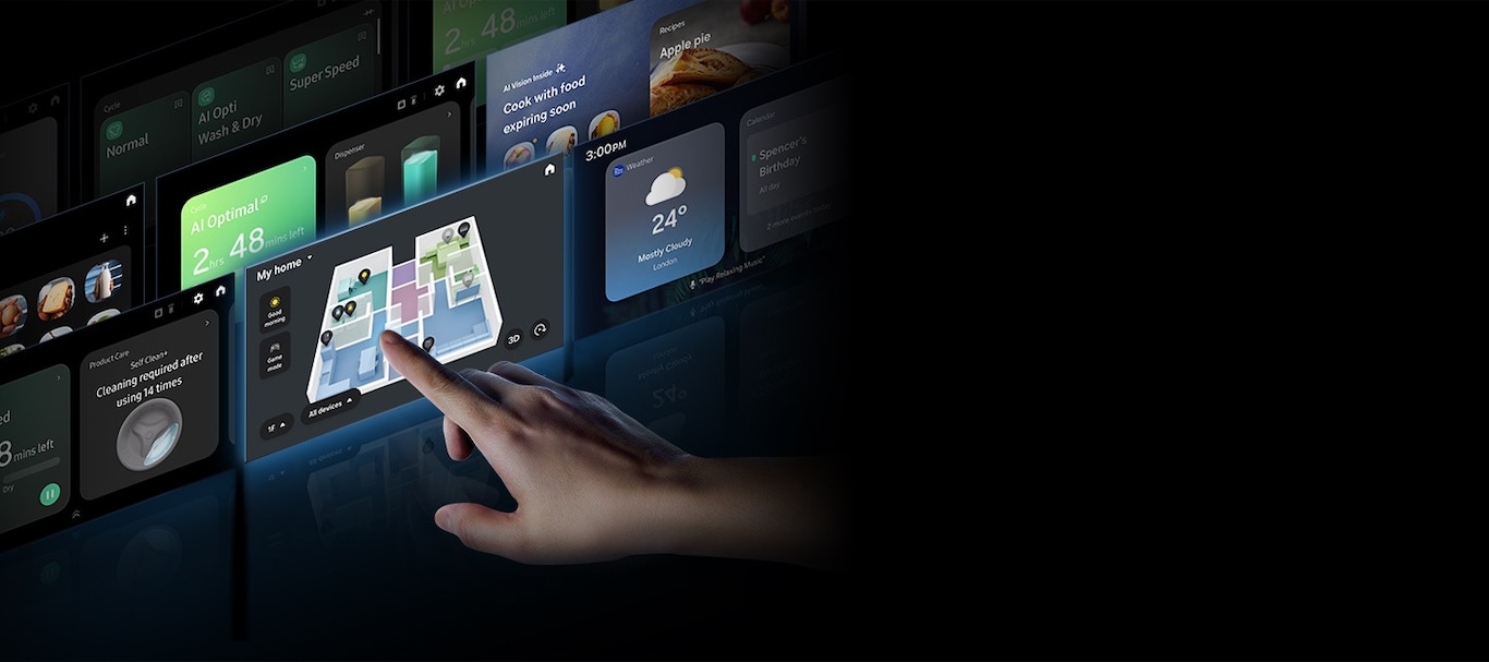 Una mano apunta a un widget meteorológico en medio de varios paneles de control de Bespoke sobre un fondo oscuro.