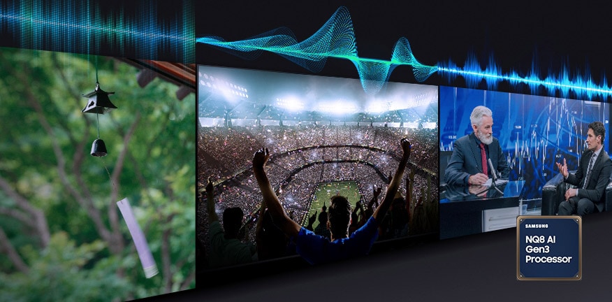 Las ondas sonoras encima de varias escenas cambian de forma a medida que el sonido del TV se adapta al diálogo, el partido de fútbol y los sonidos de las campanillas de viento que se muestran. El logotipo del procesador Samsung NQ8 con AI de Gen3 se muestra en la parte inferior derecha de la esquina.