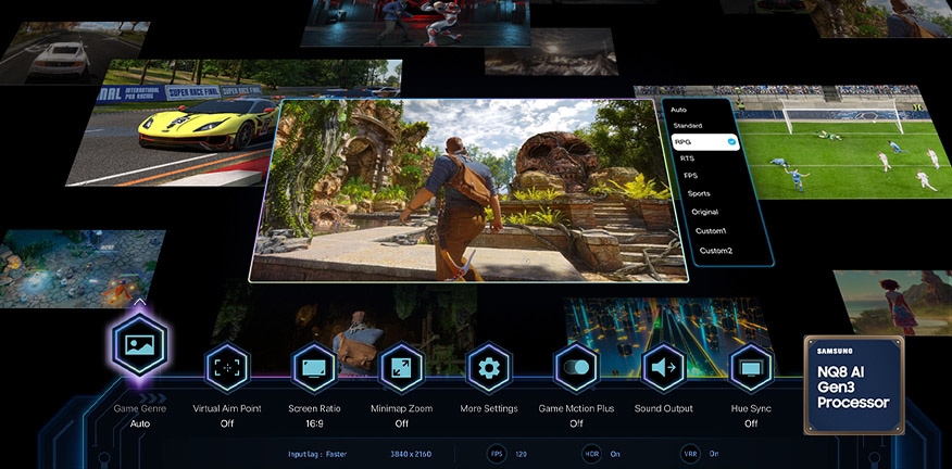 Desde una variedad de escenas de juegos, la pantalla con tecnología del procesador Samsung NQ8 AI Gen3 detecta la que está en el centro como “RPG” y optimiza automáticamente la configuración. La parte inferior de la pantalla muestra el género del juego, la demora de entrada, la resolución, FPS, HDR y VRR. También muestra otras configuraciones y funciones como Punto de objetivo virtual, Relación de pantalla, Zoom de minimapa, Más configuraciones, Game Motion Plus, Salida de sonido, Sincronización de tonos.