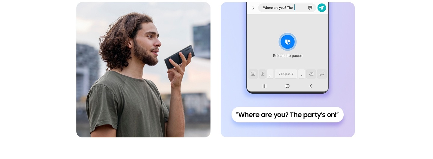 Человек, использующий диктант Bixby, чтобы написать текст и графический экран Bixby, отправив текст, который гласит: «Где ты? Вечеринка на!»