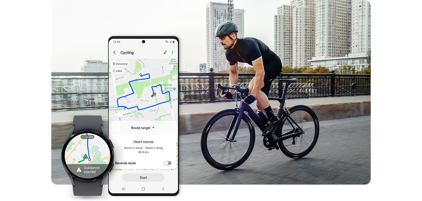 Galaxy smartphone and Galaxy Watch are shown displaying GPX Route feature. Behind the smartphone and watch, a man in cycling gear is shown riding a bicycle.