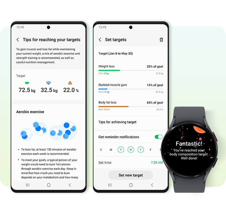 На экране часов Galaxy Watch и двух смартфонов Galaxy отображается целевой показатель состава тела. На экране часов Galaxy Watch отображается сообщение с поздравлением о достижении цели. На экране смартфона Galaxy слева отображаются советы по достижению целей.</p><p> Смартфон Galaxy справа отображает графики того, как далеко пользователь продвинулся в достижении целей.
