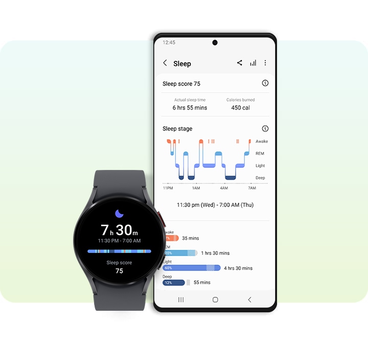 Смартфон Galaxy и часы Galaxy Watch отображают результаты анализа сна.