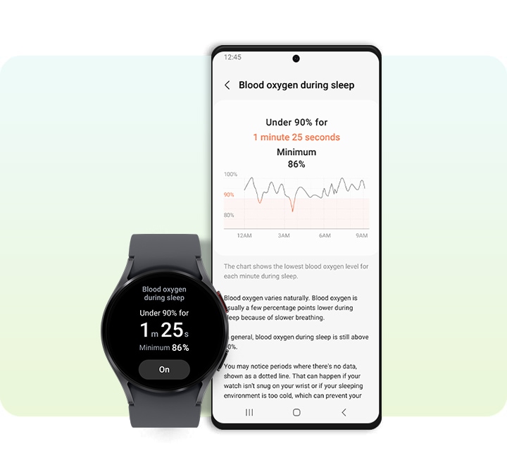 На экране смартфона Galaxy и часов Galaxy Watch отображаются результаты измерения уровня кислорода в крови.