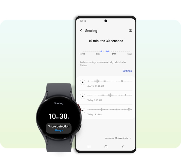 Смартфон Galaxy и часы Galaxy Watch демонстрируют результаты измерения храпа. 