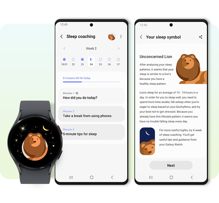 Часы Galaxy Watch и два смартфона Galaxy демонстрируют функцию Sleep coaching. На часах Galaxy Watch отображается символ сна 