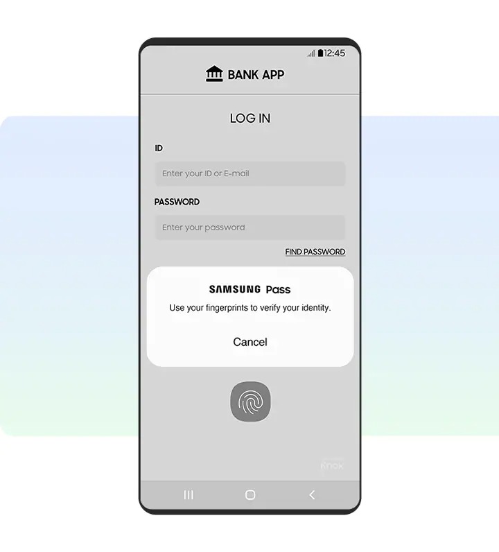 Screenshot of Samsung Pass pop up message asking for fingerprint authentication to log in to a bank app.