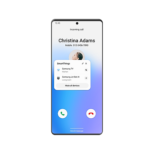 A Galaxy smartphone GUI shows an incoming call from Christina Adams along with the SmartThings pop-up that lets you mute the living room TV, the kitchen TV, or all TVs. 