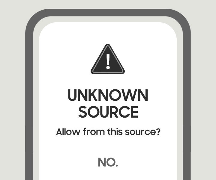 The top half of a smartphone device with an alert notification of an unknown source on display. There is a triangle with an exclamation point inside of it, and a question asking to allow installation from this source with 'no' written below.