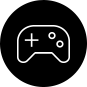 A circle containing a representation of a game console controller. 