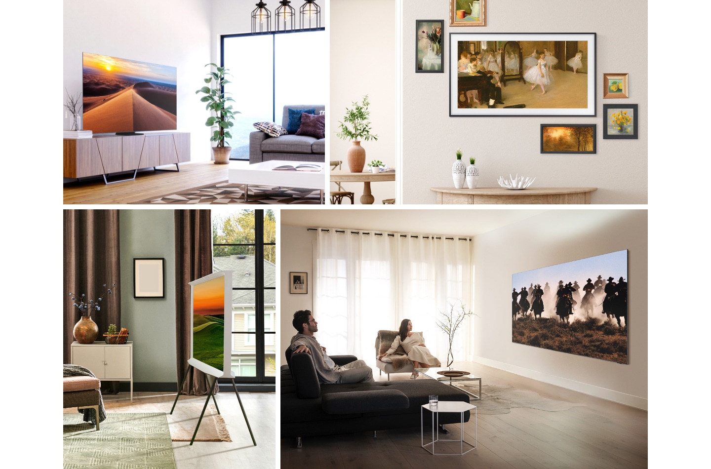 A neatly arranged collage of 4 lifestyle settings show various living room tv ideas of Samsung 2020 QLED 8K, The Frame and The Serif TVs.