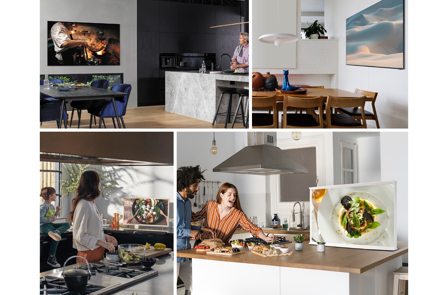 A neatly arranged collage of 4 lifestyle settings depict various dining room tv ideas including dining room with tv on wall.