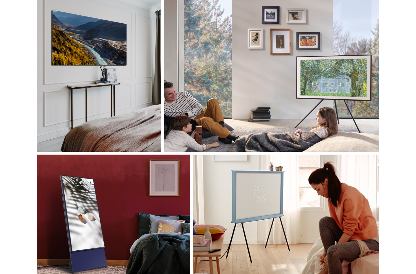 A neatly arranged collage of 4 lifestyle settings show various bedroom with tv ideas and where to put tv in bedroom.