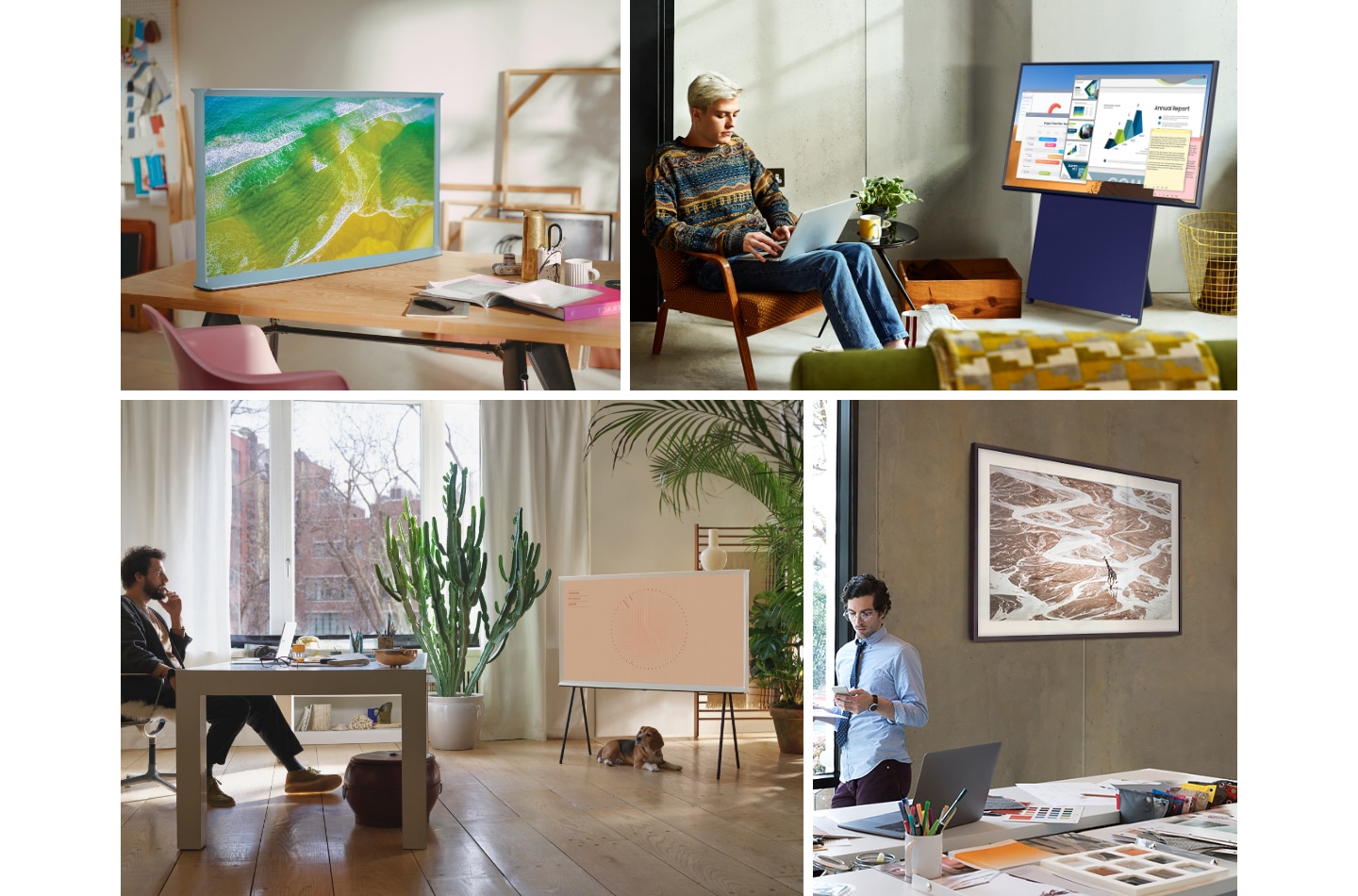 A neatly arranged collage of 4 lifestyle settings show The Serif, The Sero and The Frame TVs blending naturally into workplace environments.