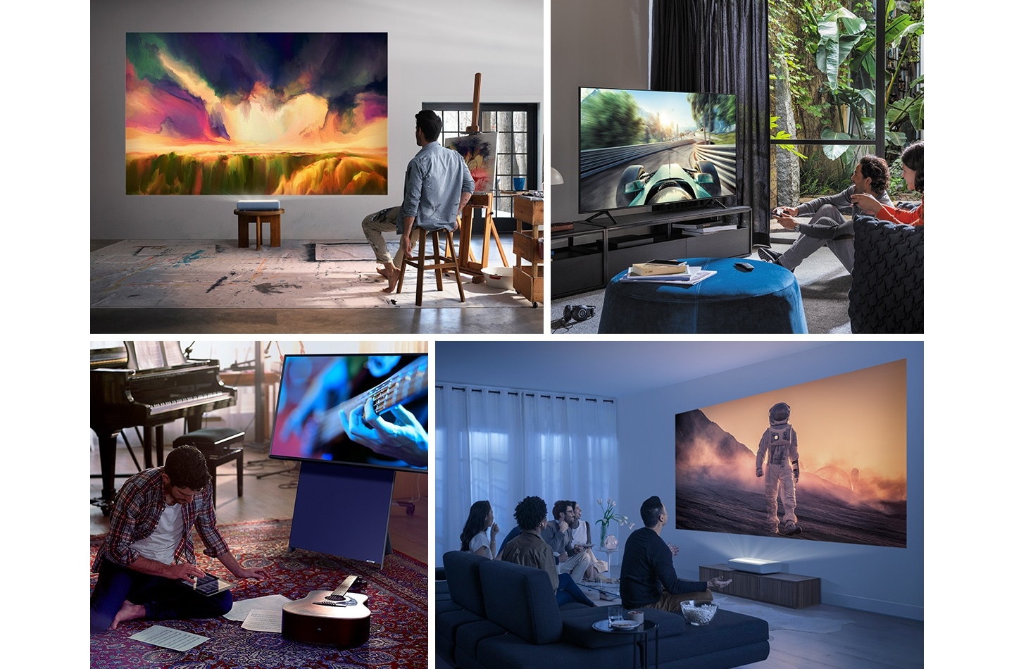 A neatly arranged collage of 4 lifestyle settings show QLED, The Sero and The Premiere TVs blending naturally into entertainment environments such as drawing, gaming, music and movie.