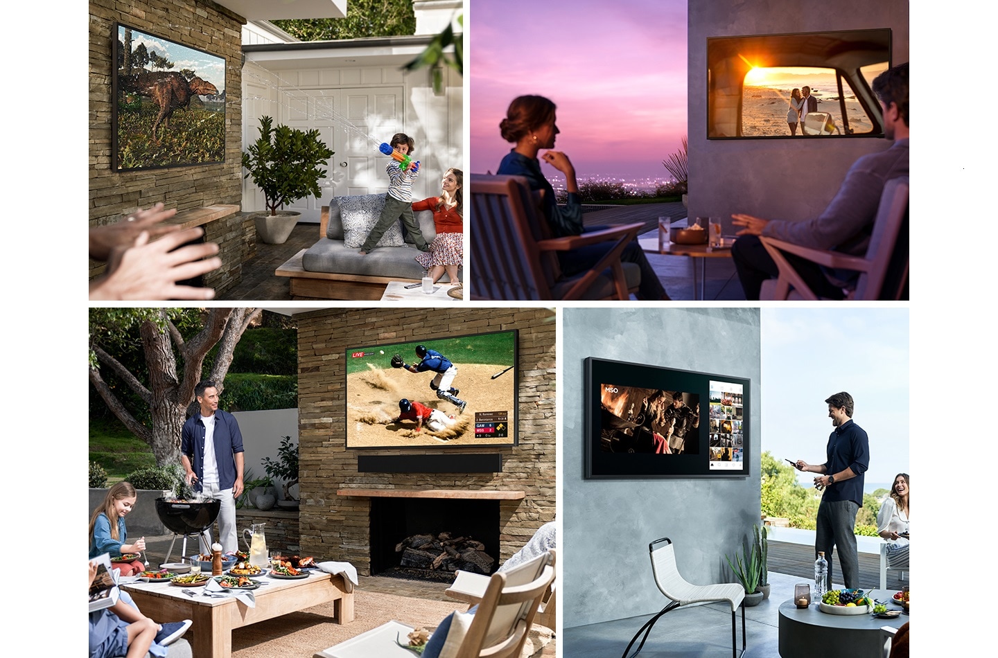 A neatly arranged collage of 4 lifestyle settings show The Terrace TVs blending naturally into outdoor environments.